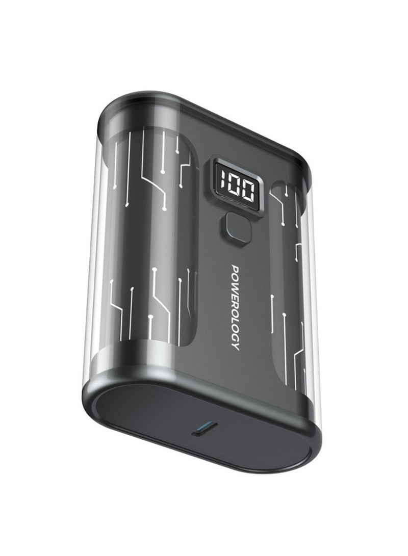 Powerology Crystalline Series Power Bank 10000mAh, 35W PD, Digital Display, USB C & USB-A Outputs, 35W USB-C Input, 35W PD USB-C Output, 18W QC USB-A Output, 22.5W SCP, Portable, Transparent Design - Black - Image 1