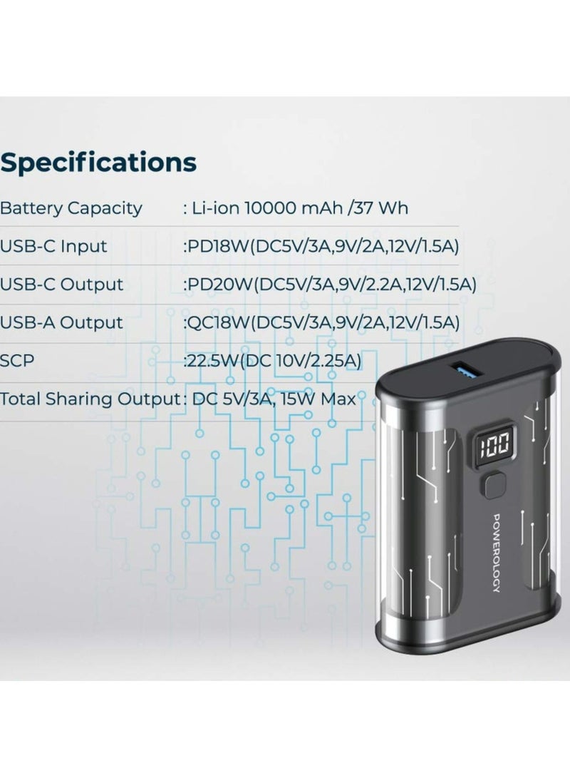 Powerology Crystalline Series Power Bank 10000mAh, 35W PD, Digital Display, USB C & USB-A Outputs, 35W USB-C Input, 35W PD USB-C Output, 18W QC USB-A Output, 22.5W SCP, Portable, Transparent Design - Black - Image 5