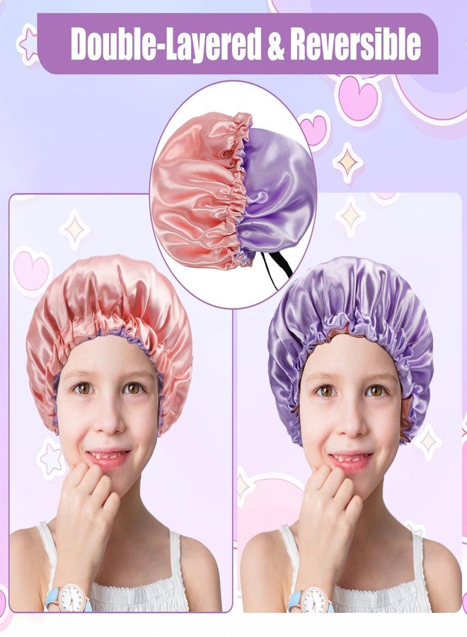 Erinnmy 2PCS Satin Bonnet for Girls,Silk Bonnet for Sleeping,Hair Bonnet for Teens,Adjustable Satin Sleeping Cap for Curly Hair 5-7 Years Old Kids,Reversible Double Layer Night Cap(Pink+Gray 10.6in) - Image 3