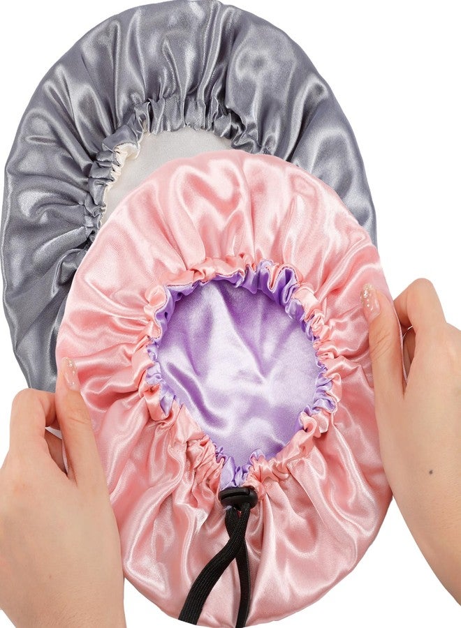 Erinnmy 2PCS Satin Bonnet for Girls,Silk Bonnet for Sleeping,Hair Bonnet for Teens,Adjustable Satin Sleeping Cap for Curly Hair 5-7 Years Old Kids,Reversible Double Layer Night Cap(Pink+Gray 10.6in) - Image 1