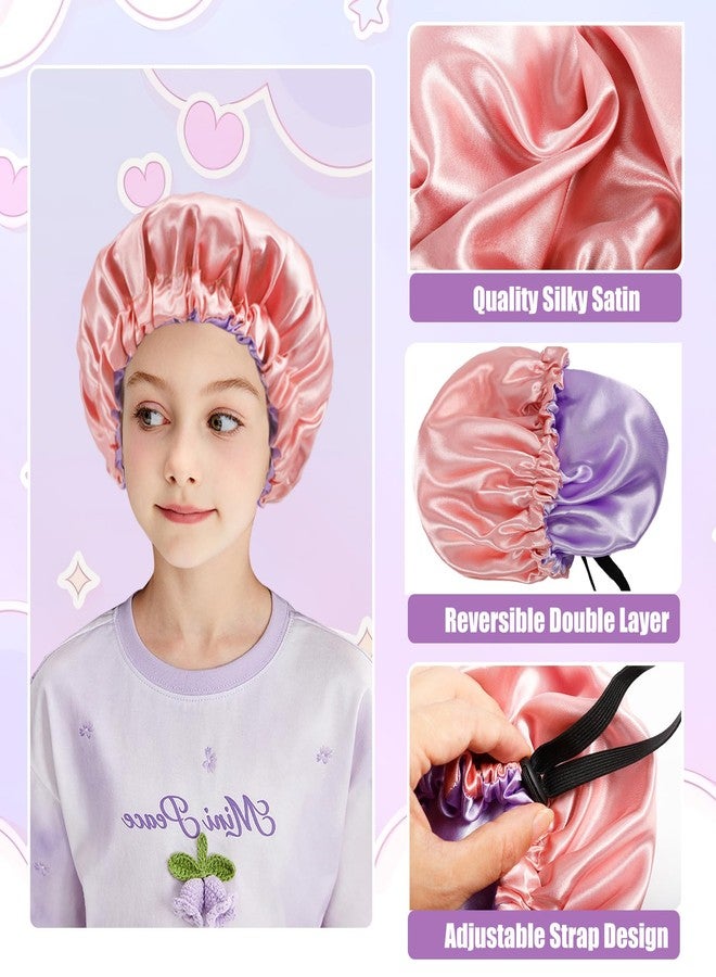 Erinnmy 2PCS Satin Bonnet for Girls,Silk Bonnet for Sleeping,Hair Bonnet for Teens,Adjustable Satin Sleeping Cap for Curly Hair 5-7 Years Old Kids,Reversible Double Layer Night Cap(Pink+Gray 10.6in) - Image 5