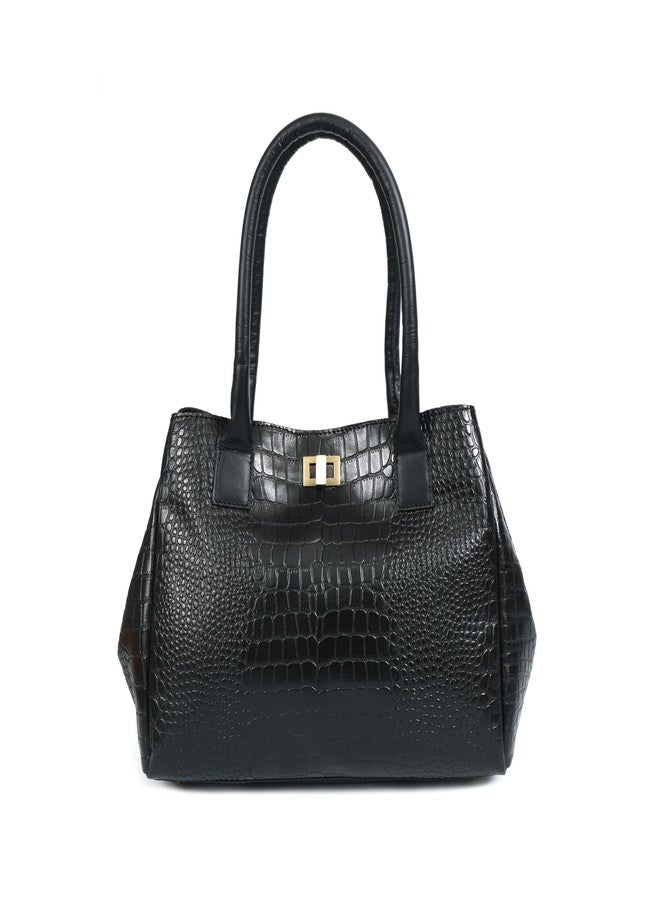 Celtic Premium Croc-Embossed Leather Tote with Dual Handles, Zip Closure & Detachable Strap - Image 1