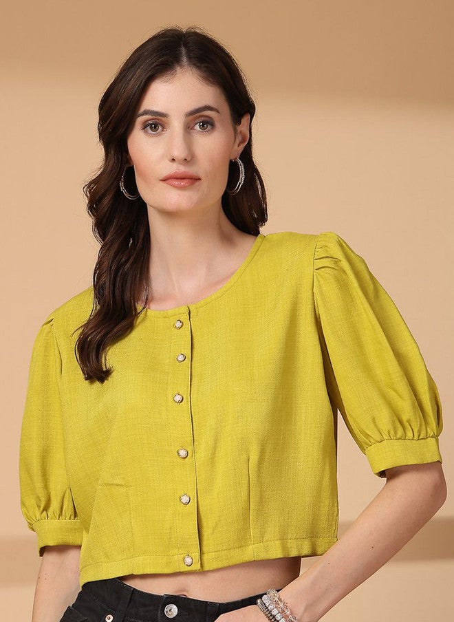 PlusS Yellow Cotton Crop Top for Women - Image 1