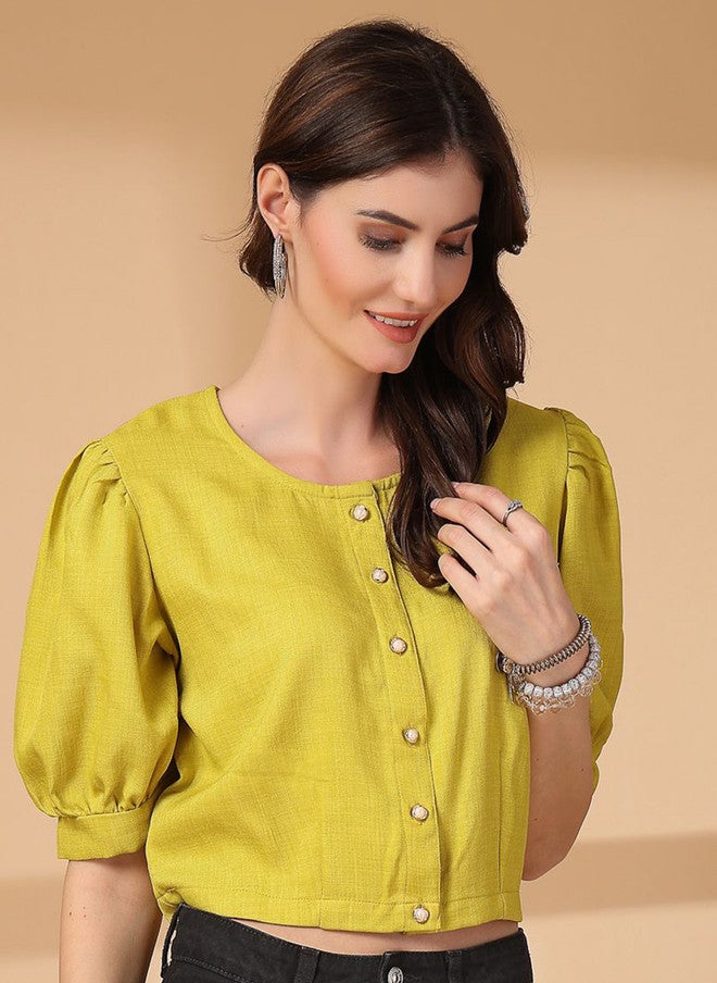 PlusS Yellow Cotton Crop Top for Women - Image 3