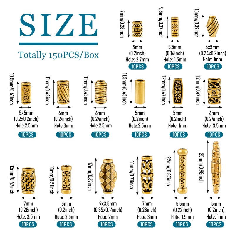 Craftdady 150Pcs Antique Gold Tube Bar Spacer Beads Tibetan Metal Column Barrel Drum Beads for Jewelry Crafts Making Hole:1-3.5mm - Image 2