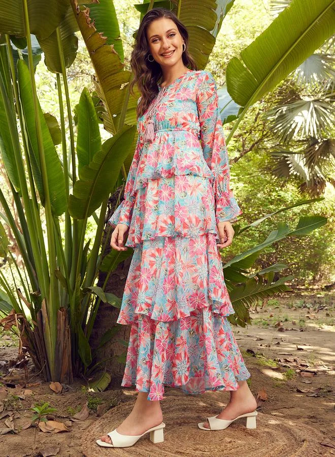STREET 9 STREET 9 Floral Print Tie-Up Neck Layered Maxi Dress