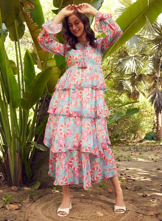 STREET 9 STREET 9 Floral Print Tie-Up Neck Layered Maxi Dress