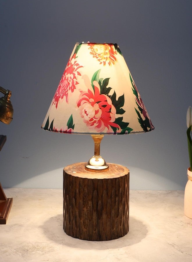 tu casa Cylindrical Wooden Base Bedside Table Lamp with Carnation with Satin Shade for Home Decoration Bedroom Living Room Lounge Office Festival Decor & Gifting Study Table H - 11.5" / No Blub - Image 1