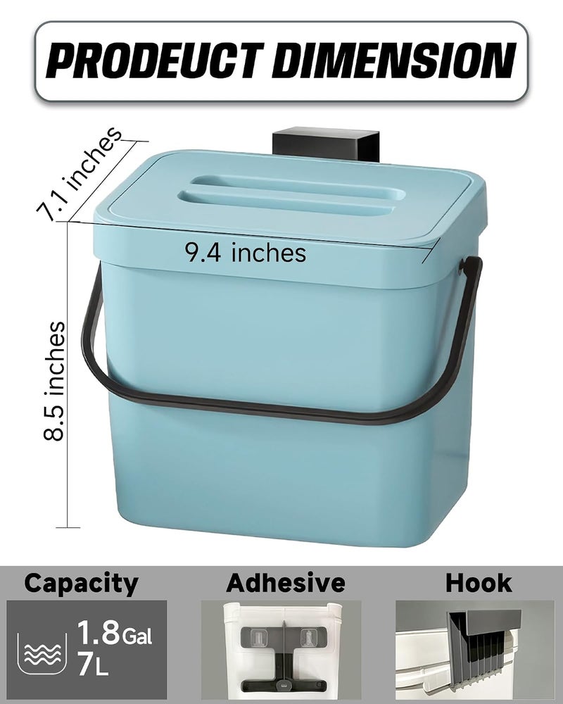 MONGTINGLU Kitchen Compost Bin - 1.8 Gallons Hanging Trash Can with Lid for Kitchen Cabinet Door, Under Sink, Wall Mounted Waste Bin for Bathroom, 7L(Subtle Blue) - Image 2