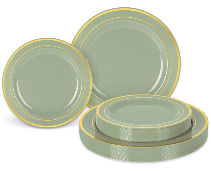 Whaline 50Pcs Sage Green Plastic Plates Gold Foil Bordered Disposable Plates Decorative Dinner Dessert Plates for Bridal Shower Wedding Party Supplies Table Decor - Image 1