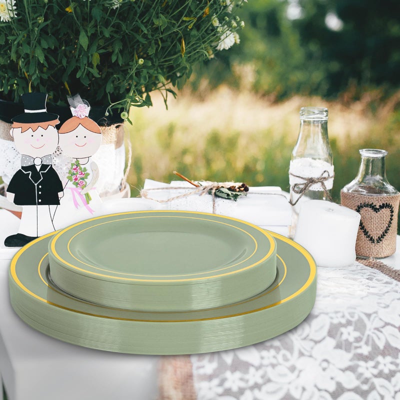 Whaline 50Pcs Sage Green Plastic Plates Gold Foil Bordered Disposable Plates Decorative Dinner Dessert Plates for Bridal Shower Wedding Party Supplies Table Decor - Image 5