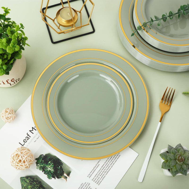 Whaline 50Pcs Sage Green Plastic Plates Gold Foil Bordered Disposable Plates Decorative Dinner Dessert Plates for Bridal Shower Wedding Party Supplies Table Decor - Image 4