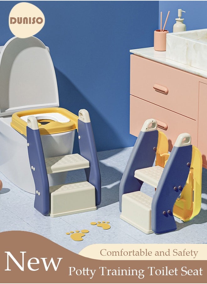 DUNISO Kids' Potty Training Toilet Seat , Toddler Toilet Seat With Step Stool Ladder, Foldable Toddler Potty Seat For Toilet With Non-Slip Design, Adjustable Height For Baby Kids 2 To 5 Years Boys Girls Blue Pvc  - Image 1
