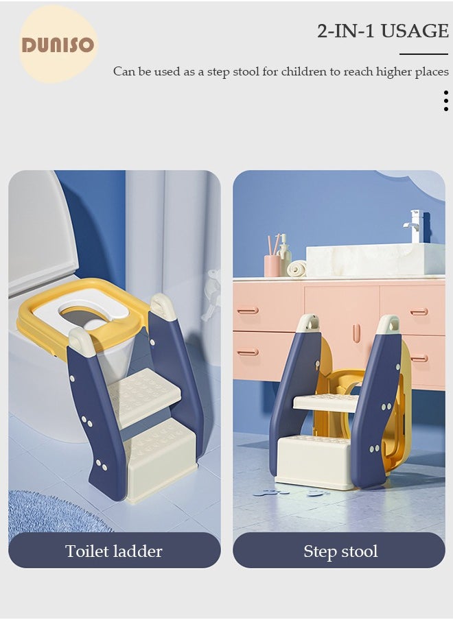 DUNISO Kids' Potty Training Toilet Seat , Toddler Toilet Seat With Step Stool Ladder, Foldable Toddler Potty Seat For Toilet With Non-Slip Design, Adjustable Height For Baby Kids 2 To 5 Years Boys Girls Blue Pvc  - Image 2
