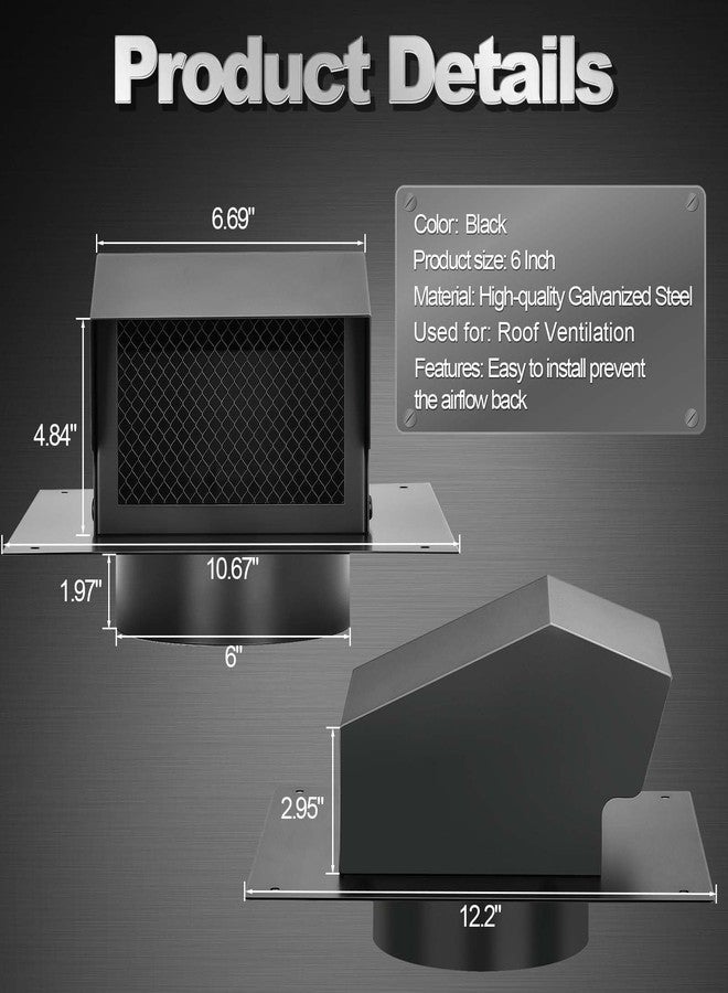 Trivd Frol 6 Inch Roof Vent Cap, Heavy Duty Galvanized Steel Removable Roof Exhaust Vents for Houses, Home Ventilation System with Damper, Black - Image 2
