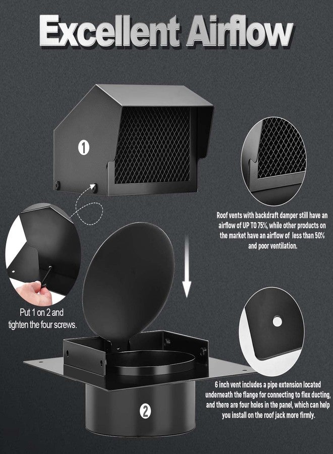 Trivd Frol 6 Inch Roof Vent Cap, Heavy Duty Galvanized Steel Removable Roof Exhaust Vents for Houses, Home Ventilation System with Damper, Black - Image 3