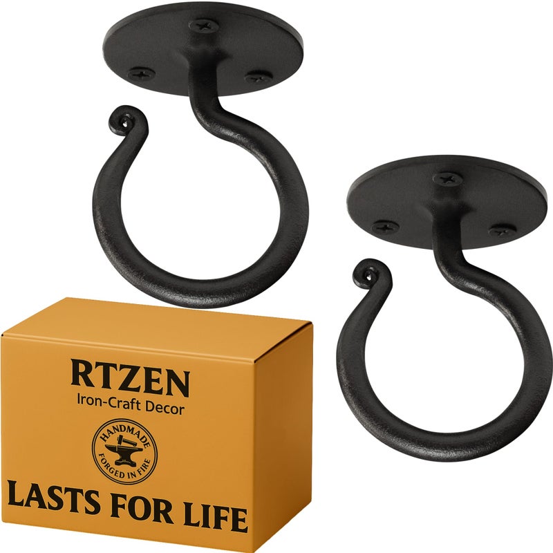 RTZEN Plant Hangers Outdoor or Indoor - Wrought Iron Metal Hanger Indoor Hook - Heavy Duty Wall Bracket Hooks for Hanging Plants Baskets Lanterns Wind Chimes - 2 Pack (Large Black Ceiling Hooks) - Image 1