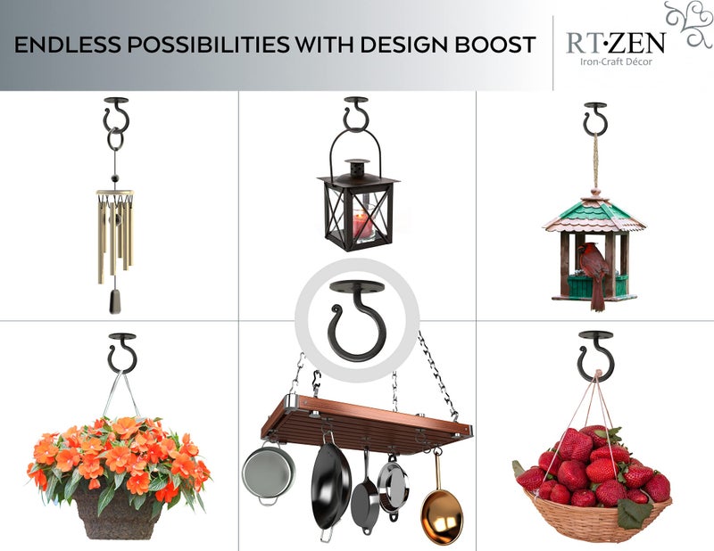 RTZEN Plant Hangers Outdoor or Indoor - Wrought Iron Metal Hanger Indoor Hook - Heavy Duty Wall Bracket Hooks for Hanging Plants Baskets Lanterns Wind Chimes - 2 Pack (Large Black Ceiling Hooks) - Image 4