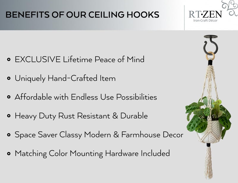 RTZEN Plant Hangers Outdoor or Indoor - Wrought Iron Metal Hanger Indoor Hook - Heavy Duty Wall Bracket Hooks for Hanging Plants Baskets Lanterns Wind Chimes - 2 Pack (Large Black Ceiling Hooks) - Image 2