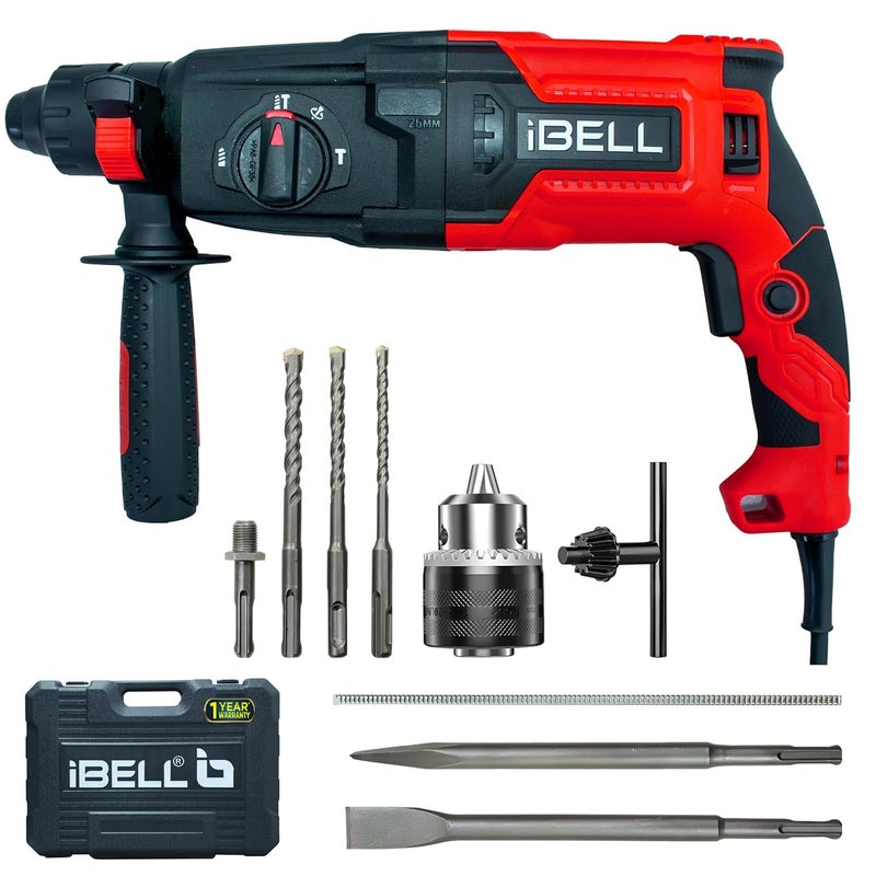 IBELL TOOLS IBELL RH26-82 Rotary Hammer Drill | 850W | 3J | 26mm SDS Plus | 0-900 RPM | 4000 BPM | 26mm Concrete | 68mm Masonry | 30mm wood | 13mm Steel | 3.5Kg | 13 mm adittional chuck & bits- 1 Year Warranty - Image 4