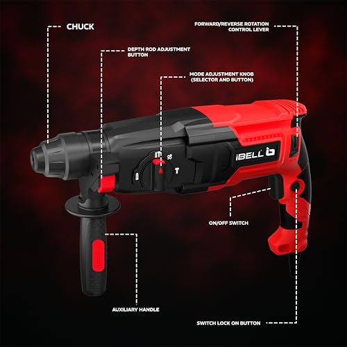 IBELL TOOLS IBELL RH26-82 Rotary Hammer Drill | 850W | 3J | 26mm SDS Plus | 0-900 RPM | 4000 BPM | 26mm Concrete | 68mm Masonry | 30mm wood | 13mm Steel | 3.5Kg | 13 mm adittional chuck & bits- 1 Year Warranty - Image 2