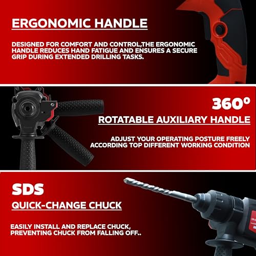 IBELL TOOLS IBELL RH26-82 Rotary Hammer Drill | 850W | 3J | 26mm SDS Plus | 0-900 RPM | 4000 BPM | 26mm Concrete | 68mm Masonry | 30mm wood | 13mm Steel | 3.5Kg | 13 mm adittional chuck & bits- 1 Year Warranty - Image 5