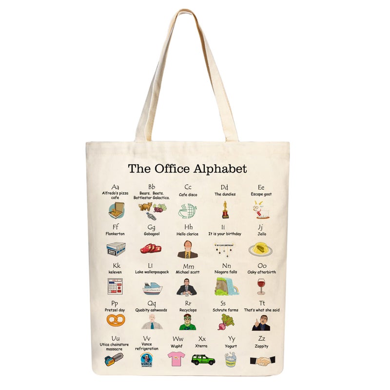 PuGez The Office Alphabet Tote Bag TV Show Merchandise Fans Kitchen Gifts Reusable Grocery Canvas Theme Presents for Office/Women/Sister, Shoulder/Travel/Work, White  - Image 1