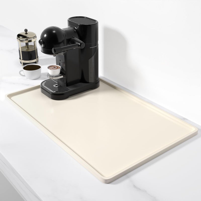 Rnivvi Silicone Coffee Mat 12 x 19 Waterproof Raised Edge Coffee Bar Mats for Espresso Machine Station Accessories Heat Resistant Dish Drying Pad for Kitchen Counter Rubber Bar Decor Pad Beige