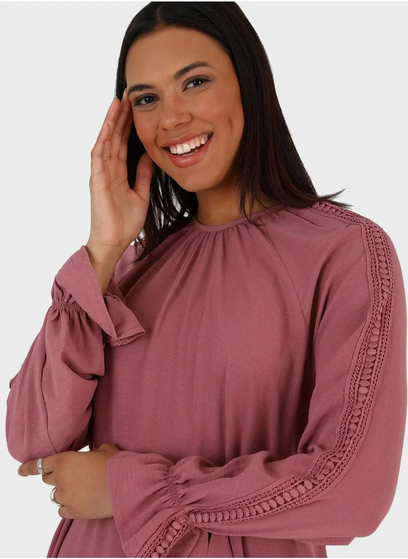 Alia by modanisa Puff Sleeve Belted Tiered Dress