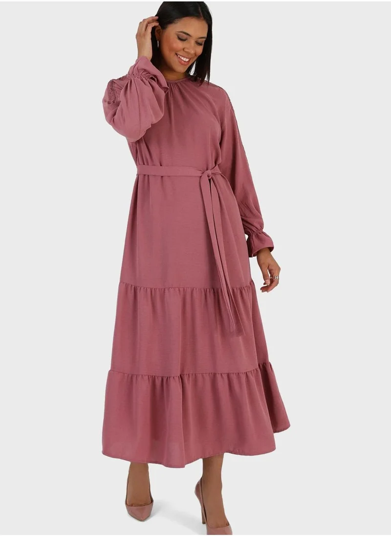 Alia by modanisa Puff Sleeve Belted Tiered Dress