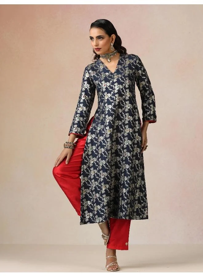 trueBrowns trueBrowns Blue Brocade Straight High-Slit Kurta Set