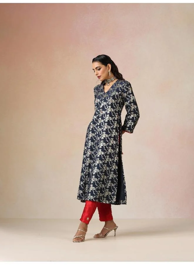 trueBrowns trueBrowns Blue Brocade Straight High-Slit Kurta Set