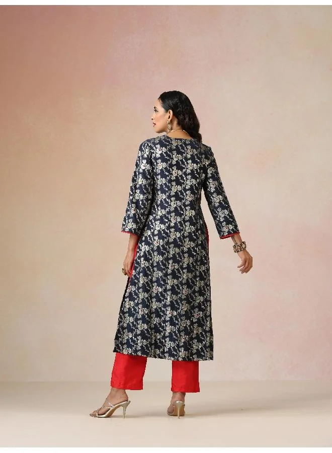 trueBrowns trueBrowns Blue Brocade Straight High-Slit Kurta Set