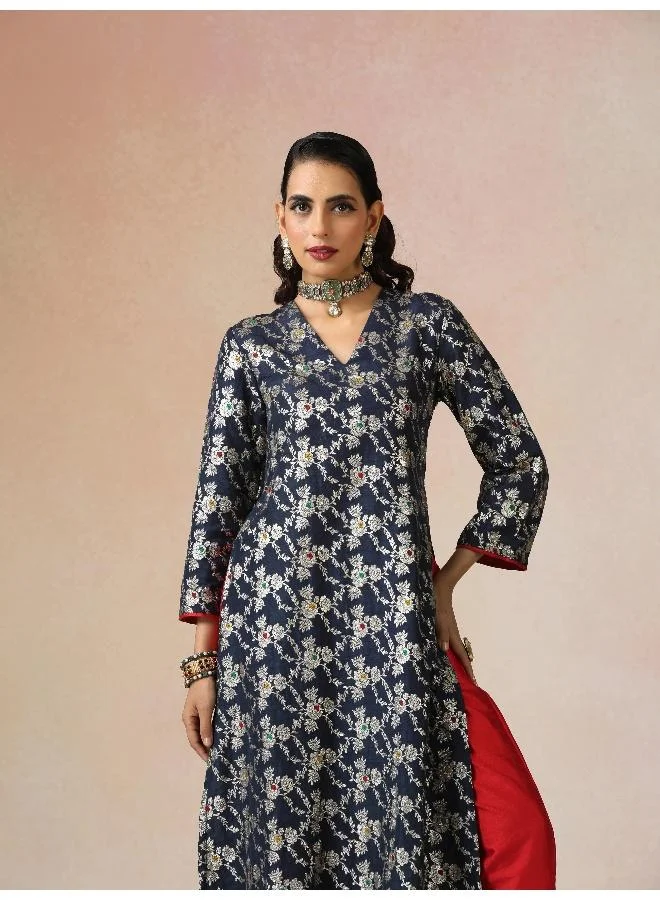 trueBrowns trueBrowns Blue Brocade Straight High-Slit Kurta Set