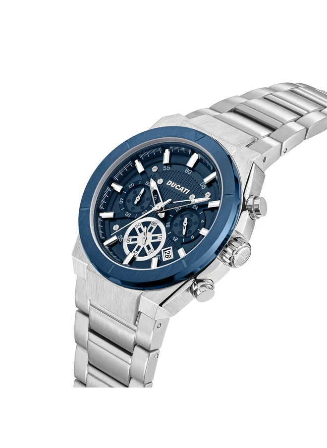 Ducati DT004 Men's 43.5mm Chronograph Watch with Blue Textured Dial, Contrast Accents & Stainless Steel Bracelet