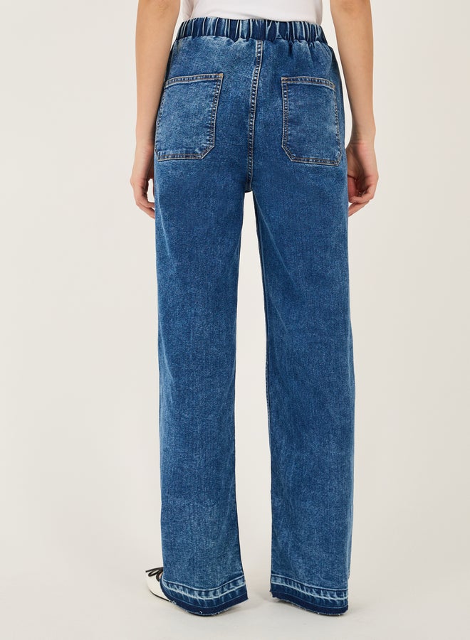 Styli High Rise Elasticated Waist Wide Leg Jeans with Frayed Hem  - Image 4