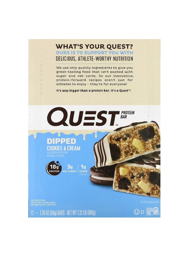 QUEST NUTRITION - Quest Nutrition, Protein Bar, Dipped Cookies & Cream, 12 Bars, 1.76 oz (50 g) Each - Image 1