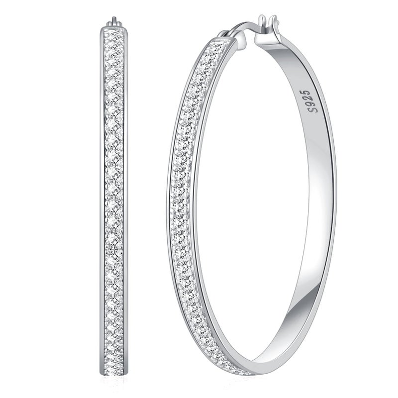 BMMYE Sterling Silver Hoops Earrings for Women Hypoallergenic Rhinestone Earrings Sparkly Large Crystal Hoop50mm Silver Hoops - Image 1