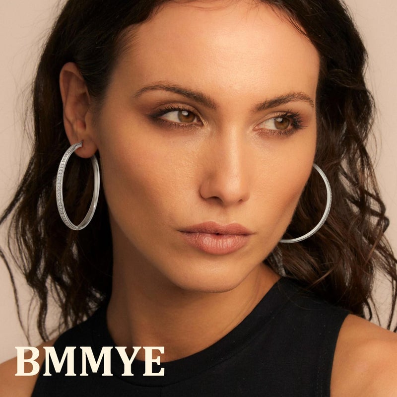 BMMYE Sterling Silver Hoops Earrings for Women Hypoallergenic Rhinestone Earrings Sparkly Large Crystal Hoop50mm Silver Hoops - Image 2