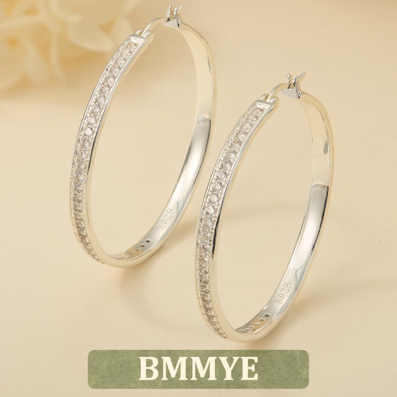 BMMYE Sterling Silver Hoops Earrings for Women Hypoallergenic Rhinestone Earrings Sparkly Large Crystal Hoop50mm Silver Hoops - Image 5