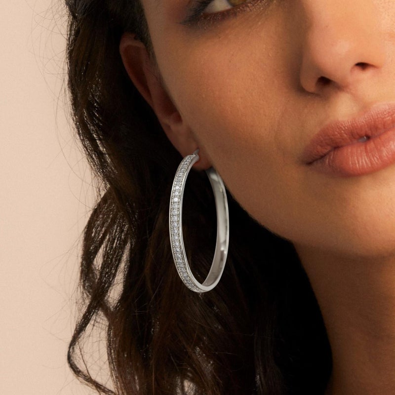 BMMYE Sterling Silver Hoops Earrings for Women Hypoallergenic Rhinestone Earrings Sparkly Large Crystal Hoop50mm Silver Hoops - Image 3