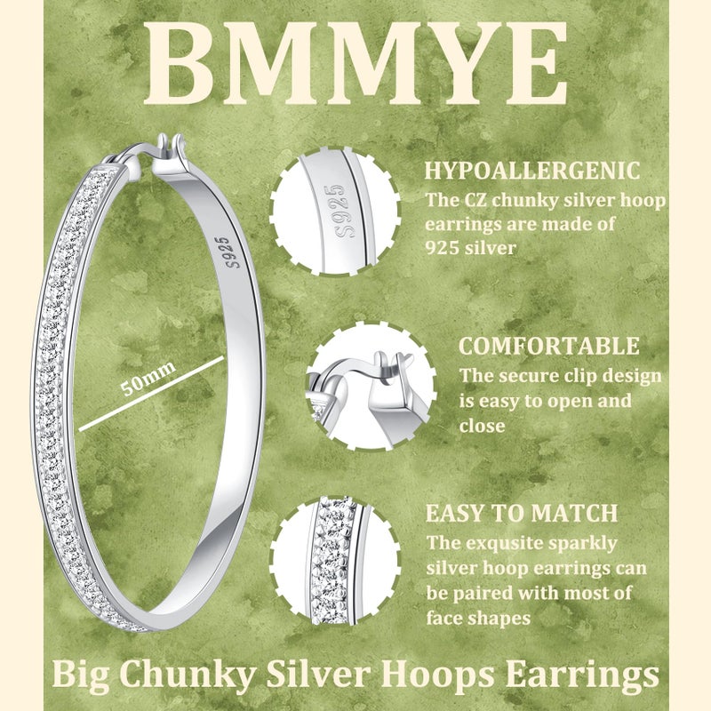 BMMYE Sterling Silver Hoops Earrings for Women Hypoallergenic Rhinestone Earrings Sparkly Large Crystal Hoop50mm Silver Hoops - Image 4