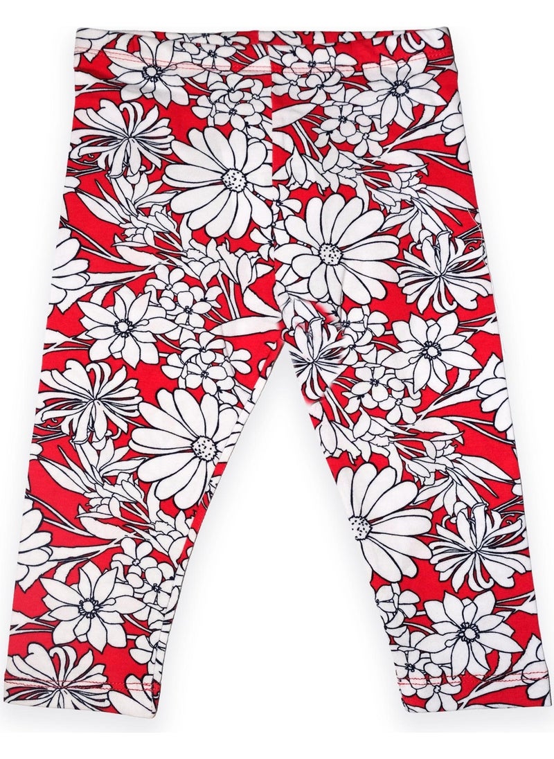Lovetti Red Background White Rose Girl Patterned Knee Length Leggings Capri 