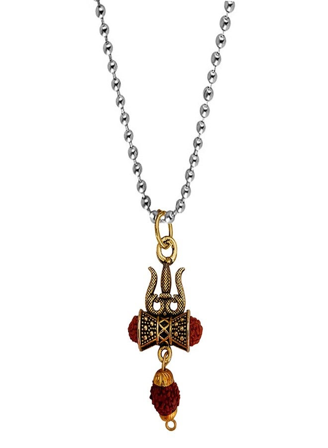 Sullery Lord Shiv Mahadev Trishul Damaru Word with Panchmukhi Rudhrasha Bead Locket with Chain Gold Brass Religious Spiritual Jewellery Pendant Necklace Chain for Men and Boys - Image 1