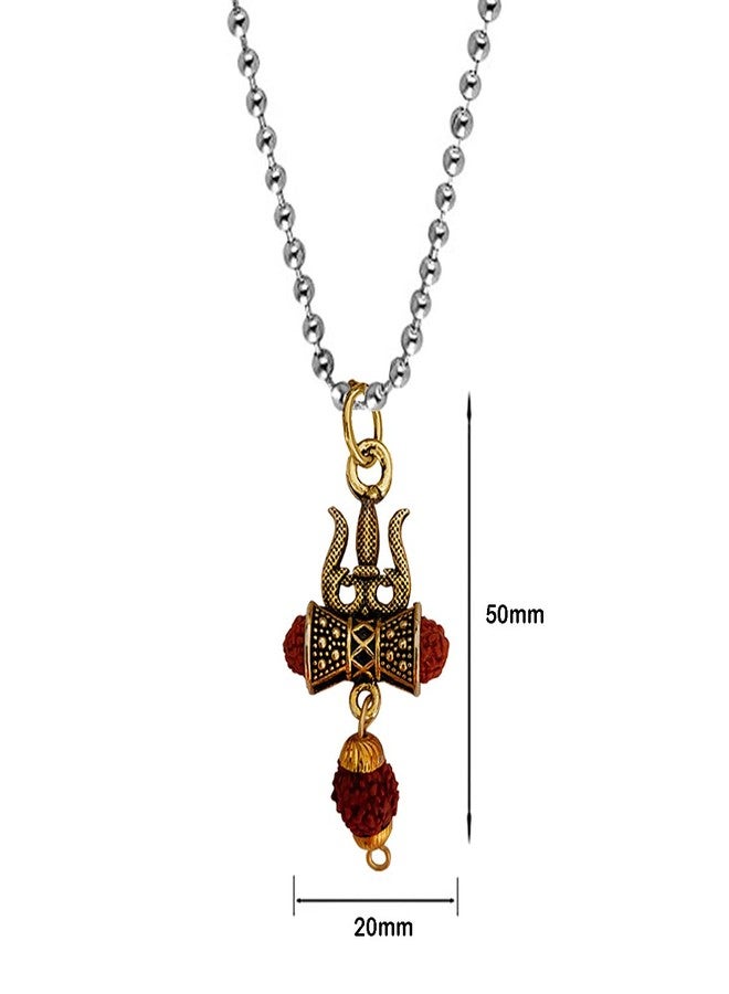 Sullery Lord Shiv Mahadev Trishul Damaru Word with Panchmukhi Rudhrasha Bead Locket with Chain Gold Brass Religious Spiritual Jewellery Pendant Necklace Chain for Men and Boys - Image 2