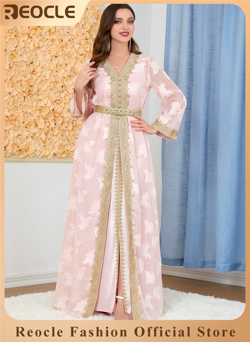 REOCLE Women's Elegant Embroidered Kaftan Gown Luxury Chiffon Satin Maxi Dress with Golden Lace Details Formal Abaya for Weddings Banquets & Special Occasions - Image 1