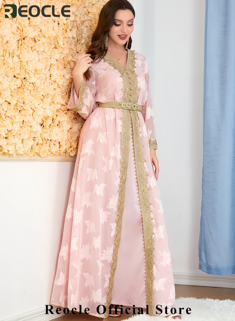 REOCLE Women's Elegant Embroidered Kaftan Gown Luxury Chiffon Satin Maxi Dress with Golden Lace Details Formal Abaya for Weddings Banquets & Special Occasions - Image 3