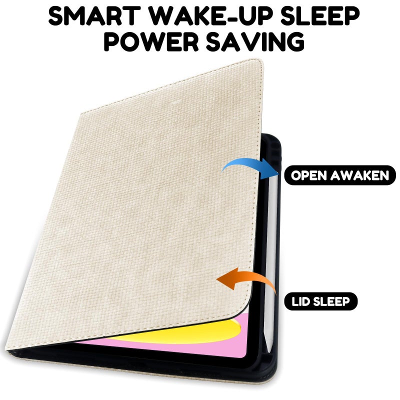 Cabreche Compatible with iPad (A16) 11th Generation 11 Inch 2025,10th Generation Case 2022,iPad 10.9 Inch Case Pencil Holder Soft Back Woven Leather Auto Sleep/Wake Cover Women Girls-Beige White - Image 3