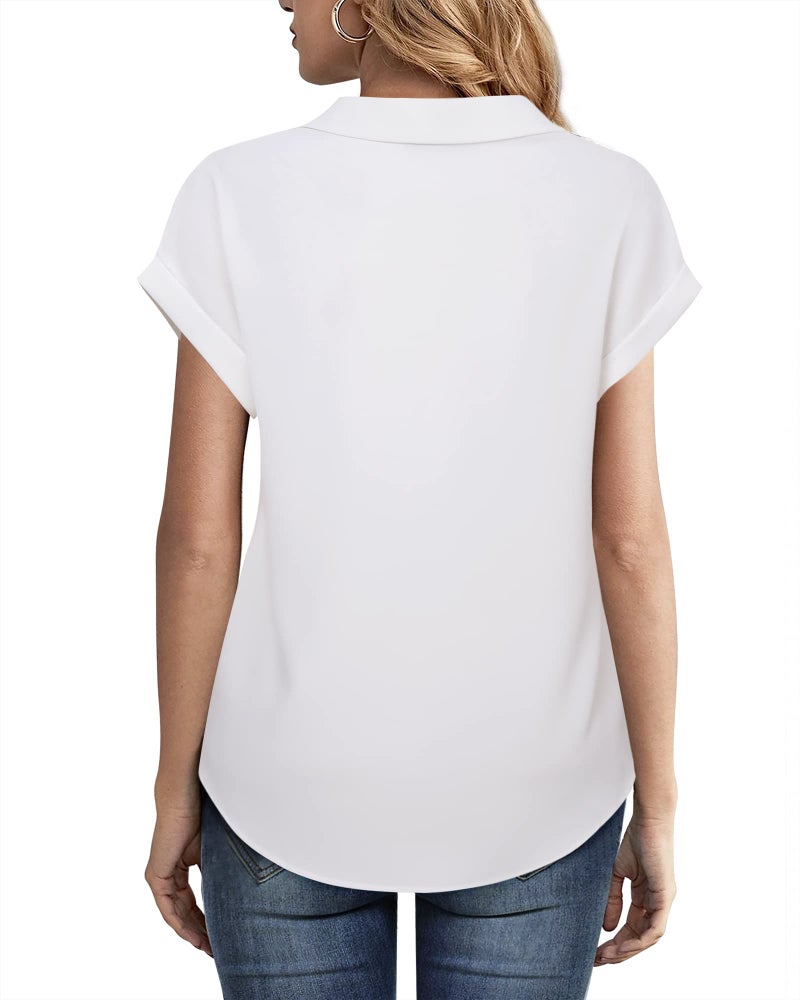Timeson Short Sleeve Blouses for Women: Office Work - Women's Dress Shirts - Business Casual Outfits for Women Collared Ladies Dressy Tunics Tops Chiffon Blouses for Office Professional White M - Image 4