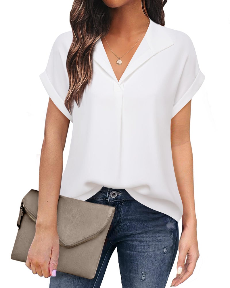 Timeson Short Sleeve Blouses for Women: Office Work - Women's Dress Shirts - Business Casual Outfits for Women Collared Ladies Dressy Tunics Tops Chiffon Blouses for Office Professional White M - Image 1